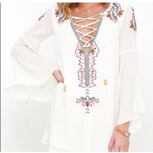 Lulus My Bell-Loved Ivory Embroidered Shift Mini Dress Gauzy S Boho Cottage Core